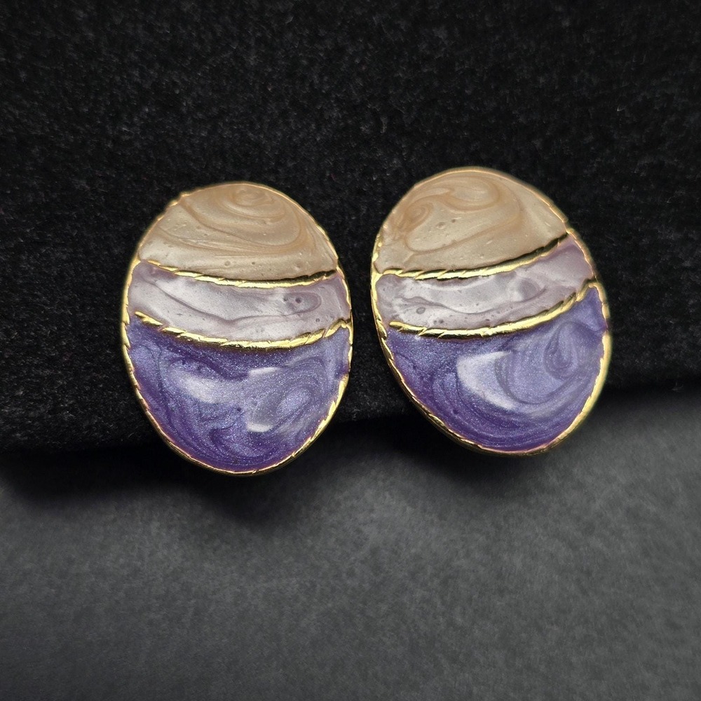 Purple Pink Enamel Oval Clip On Earrings Vintage Spring Pastel Jewelry